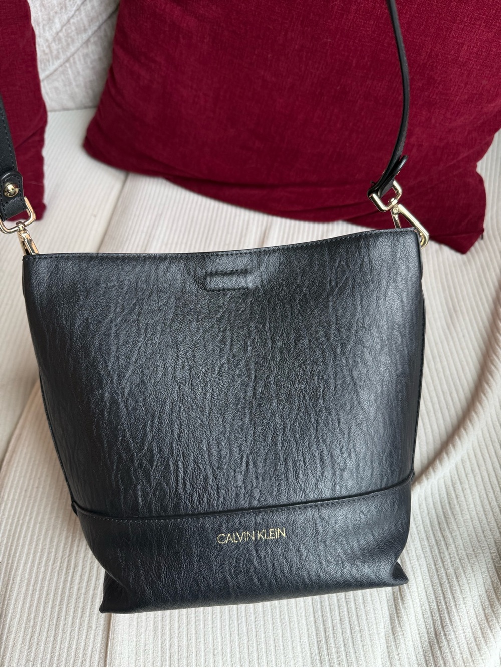 Calvin Klein Black Leather-Look Shoulder Bag with Gold Logo